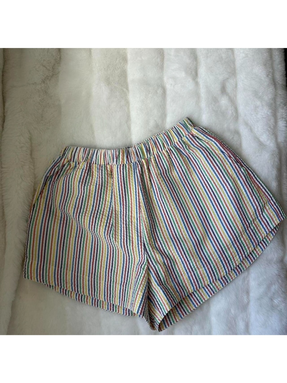 designer kimberly taylor rainbow striped shorts